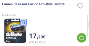 Copie d'écran de l'application Carrefour Drive sur le prix d'un paquet de lames Gilette Fusion 5 Proglide le 13 août 2018 à Gennevilliers
